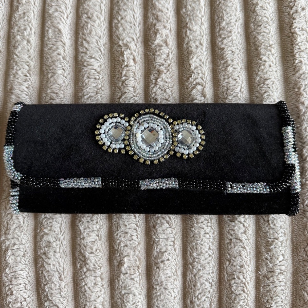 Vintage Black Velvet Beaded Clutch Rhinestone Medallion Evening Bag Baguette